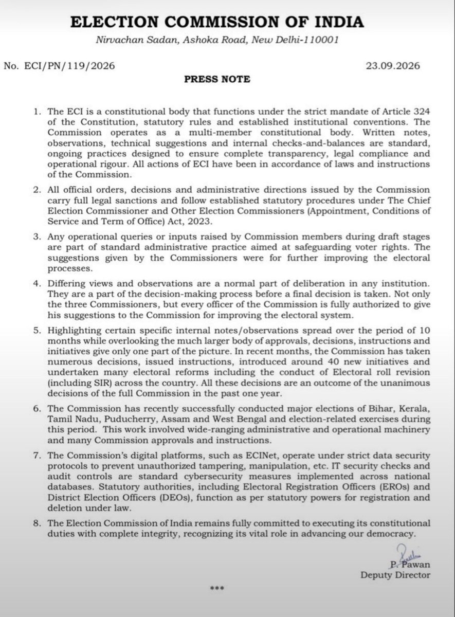 gforgarima's tweet photo. चुनाव आयोग ने जवाब दिया है, जिसमें जवाब नहीं है. 

1. क्या Indian Express की खबर झूठी है ?
2. क्या Form 6 नहीं बदला ?
3. बंगाल में 22 लाख वोटर्स की सुनवाई थी 36 लाख कैसे हो गए ? वो भी 16.10 लाख deletion के आवेदन किसने दिए ?
4. क्या सुखबीर संधू और विवेक जोशी ने ये नहीं कहा कि वो फैसलों में शामिल नहीं थे ?
5. BJP के बजाय EC पीसी क्यूँ नहीं कर देता ?