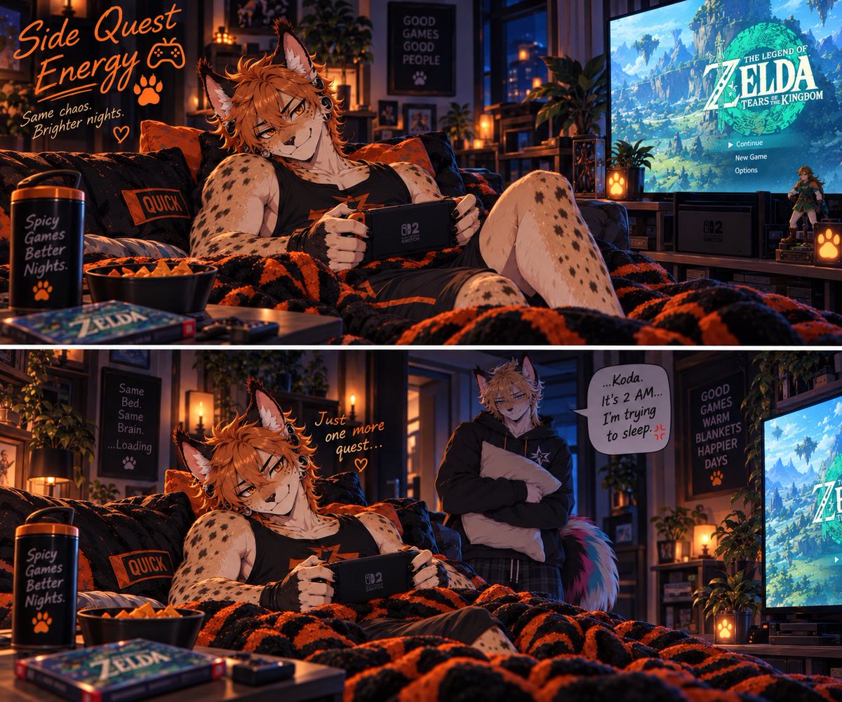 13Midnightjo's tweet photo. “Side Quest Energy” 🎮🧡🌙
#Fursona #Furry #AIFurryArt https://t.co/QJeApofgHf