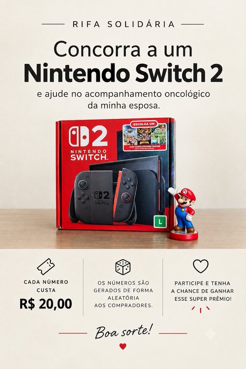 PaulodeBarrosX's tweet photo. Não perca a chance de levar um Nintendo Switch 2 + jogo para casa! 

Participe da nossa rifa solidária em prol do acompanhamento oncológico da minha esposa!

R$20,00 Reais apenas, chama no pv e garante teu(s) número(s)! 

Obrigado! Sorteio 31\10 ou assim que fechar os números. https://t.co/gdkCzDTilj