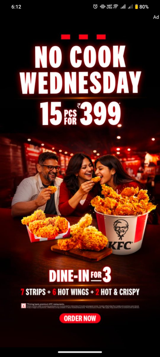 Iambharaths's tweet photo. @KFC_India “No Cook Wednesday – 15 pcs for ₹399”offer is being advertised, but it is not available at your KFC outlet at No. 41–43,NH 44,Hyderabad–Bengaluru Hwy, Regatipalle, AP.Please don’t advertise offers that customers cannot avail at the advertised outlet #FalseAdvertising https://t.co/mFsjXm5bVC
