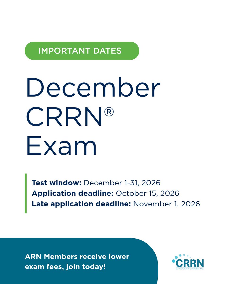AssocRehabNurse's tweet photo. First time taking the CRRN®? Save these dates:

Test window: Dec 1-31, 2026
Regular deadline: Oct 15, 2026
Late deadline: Nov 1, 2026 (+fee)

Start your application: https://t.co/fUlJNZUeay

#CRRN #RehabNursing https://t.co/Ei99B0hB0y