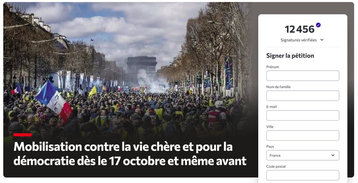AlertesInfos's tweet photo. 🇫🇷 FLASH - Plus de 12.000 personnes ont signé une pétition appelant à une MOBILISATION NATIONALE "dès le 17 octobre" contre la vie chère et "pour la démocratie". Le texte appelle à "TOUS DANS LA RUE" pour le pouvoir d’achat, les services publics et les acquis sociaux. (Change) https://t.co/n9Tnatai9w