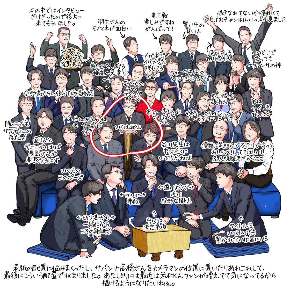 OekakiOyuni's tweet photo. みんな、『面白すぎる将棋の世界』を買ったよ、ってご報告、ありがとうございます!!

お話があったとき、思いました。
「数年後、もっと絵が上手くなってから依頼して!!」って。
とは言っても、絵というものは、描いた瞬間は
「(　ﾟдﾟ)イイ感じ!!」
って思うけど、翌日には
「下手すぎ。雑。キモい絵。」
って消したくなるのよ。
「こんなはずじゃないのに…」ってミジンコのような気持ちになるのは、いつ引き受けても一緒。
ならば、前髪しかないというチャンスの女神の前髪を掴んどきますか。
Σ⊂(・∀・)ｶﾞｼｯ

「評判が悪くて批判されたら、𝕏アカウントごと消して逃亡するから!!」
とダンナに言ってました。
皆様のおかげで、とりあえず失踪しなくて済みそうですε-(´∀｀;)ﾎｯ

この本の表紙には、サバンナ高橋さんが本文でで取り上げている棋士を描きました。
「あの有名棋士がいないんですけど!!（怒）」
ってのもあるでしょうが、おそらく第1弾の本で取り上げられているからです。
（今回はサバンナ高橋さんの将棋本の第2弾なのです）

表紙に「棋士をたくさん描いてほしい」と島田さんに依頼されたとき、絶対に入れたいと思ったのは、

① 微笑む藤井竜王名人
② 赤い大橋さん
③ かっこいいファイティングポーズの菅井さん（それを真似するなぎ様を近くに）
④ ネクタイを触る豊島さん
⑤ 丸太

この5つです。
これを中心に、棋士の並びを入れ替えながら考えました。
誰かに相談したい。
でも、将棋界に詳しくて相談できる相手もいない。
そもそもサバンナ高橋さんの文章がメインなんだから、あたしなんかのおまけの絵で、忙しそうな島田さんの手を煩わせるのも
...うーん、うーん...
とひとり悩んだ結果が、この順番です。
さて、出版されてしまってから今さらですが、果たしてこれで良かったのでしょうか。
序列とかわかってなくて、まだまだにわか将棋ファンのあたしに「この棋士はもっと前に出したほうがよかった！」「私ならこの棋士をここに置く！」「関係ないけどとりあえずこの棋士入れたい」などありましたら、ぜひご教示を!!
 #面白すぎる将棋の世界
