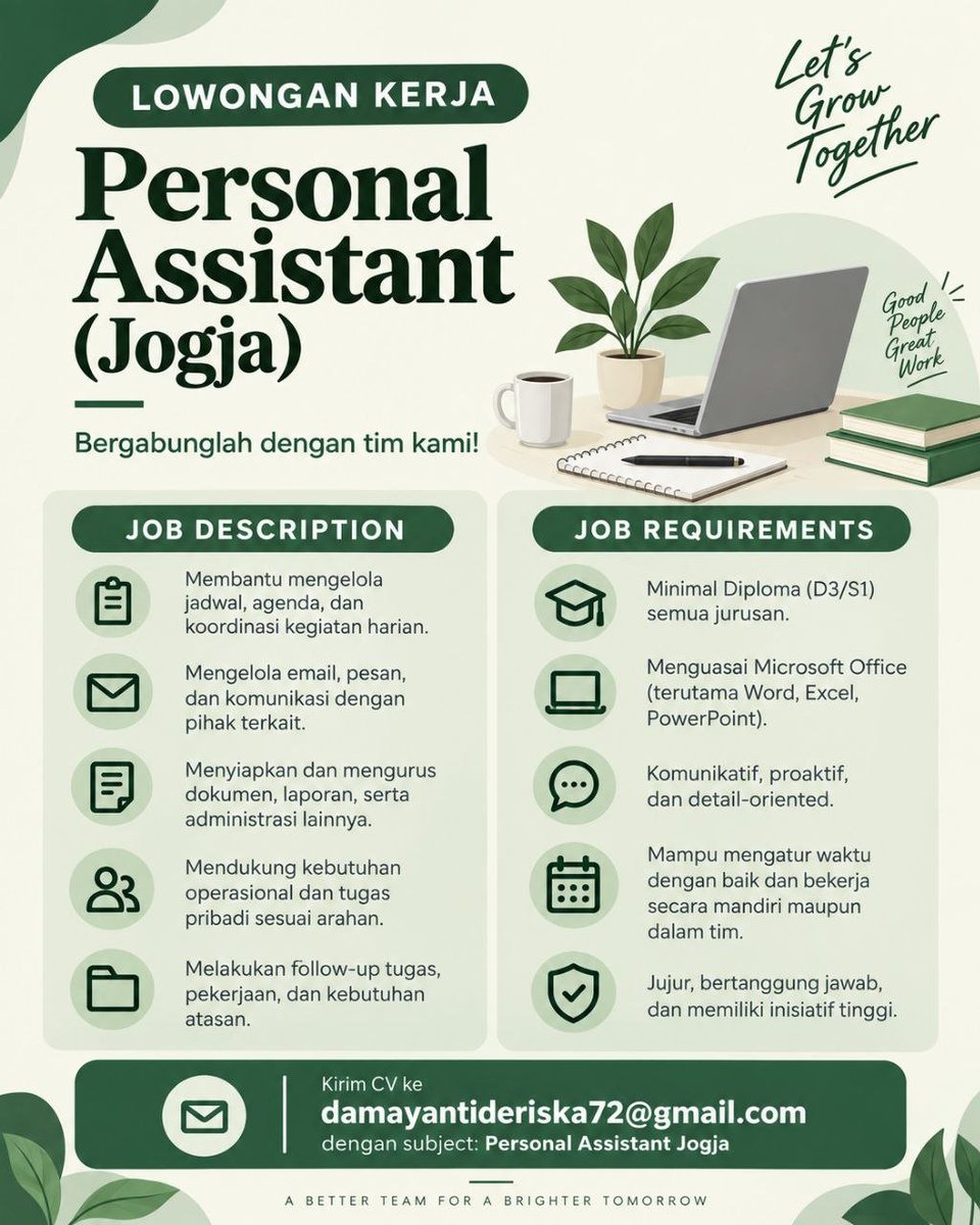 lokerjogja_'s tweet photo. 🚀 Ada kesempatan baru untuk bergabung sebagai Personal Assistant!
Posisi:
• Personal Assistant
📍 Penempatan Jogja
📩 Bagi yang berminat, kirim CV & lamaran sesuai informasi pada poster.
#jobnas #personalassistant #lokerjogja #lowongankerjajogja #lokerkantor https://t.co/2VzyzVOa53