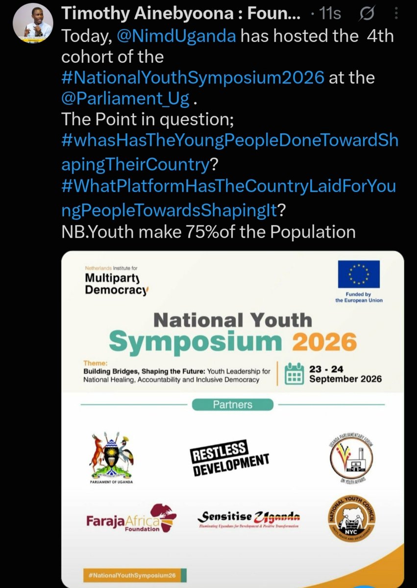 Aine256Timothy's tweet photo. The Youth that constitute 75% have #Five5member representation in the @Parliament_Ug
Plus other organs like @unsaugofficial and @NYCofUganda
 
Unlike #women who have special representation in every District, #soldiers with #Ten10 and Single Districts like #Isingiro with #Six6 https://t.co/ePoqrTCDY2