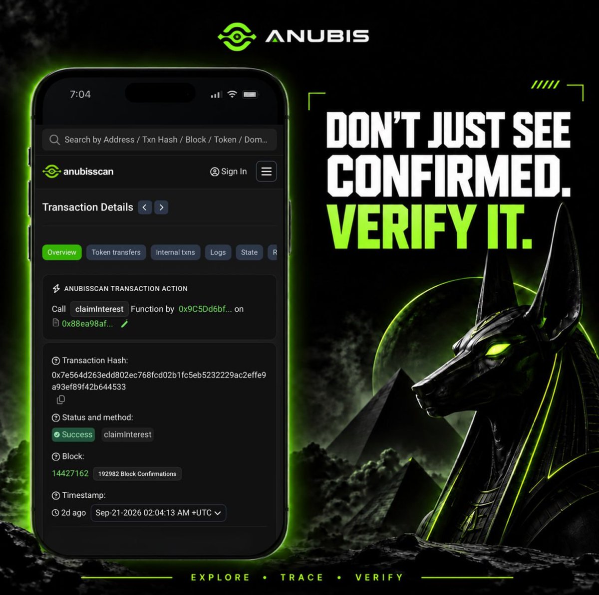 AnubisChainL1's tweet photo. Your transaction says “Success.” But what can you actually verify? 🔎

Open it on https://t.co/5Ed5dHAplv.

Status. Block. Timestamp. Sender. Token transfers. Fees.

Everything you need to see what actually happened onchain.

Don’t just see “confirmed.” Verify it.

#AnubisChain #AnubisScan