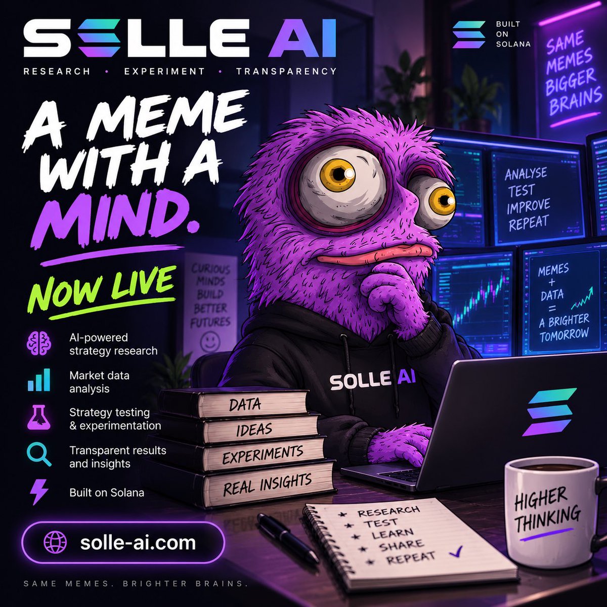 sollememe's tweet photo. 🚨 A MEME WITH A MIND, NOW LIVE!!!
https://t.co/kyXpjiM2GD

$SOLLE AI learning, experimenting &amp; showing its work.
Built by the community for the community.

🟣 Simulated trading. Not financial advice.
#Solana #AI #AIAgent #CryptoAI https://t.co/hYeLJ5khoA