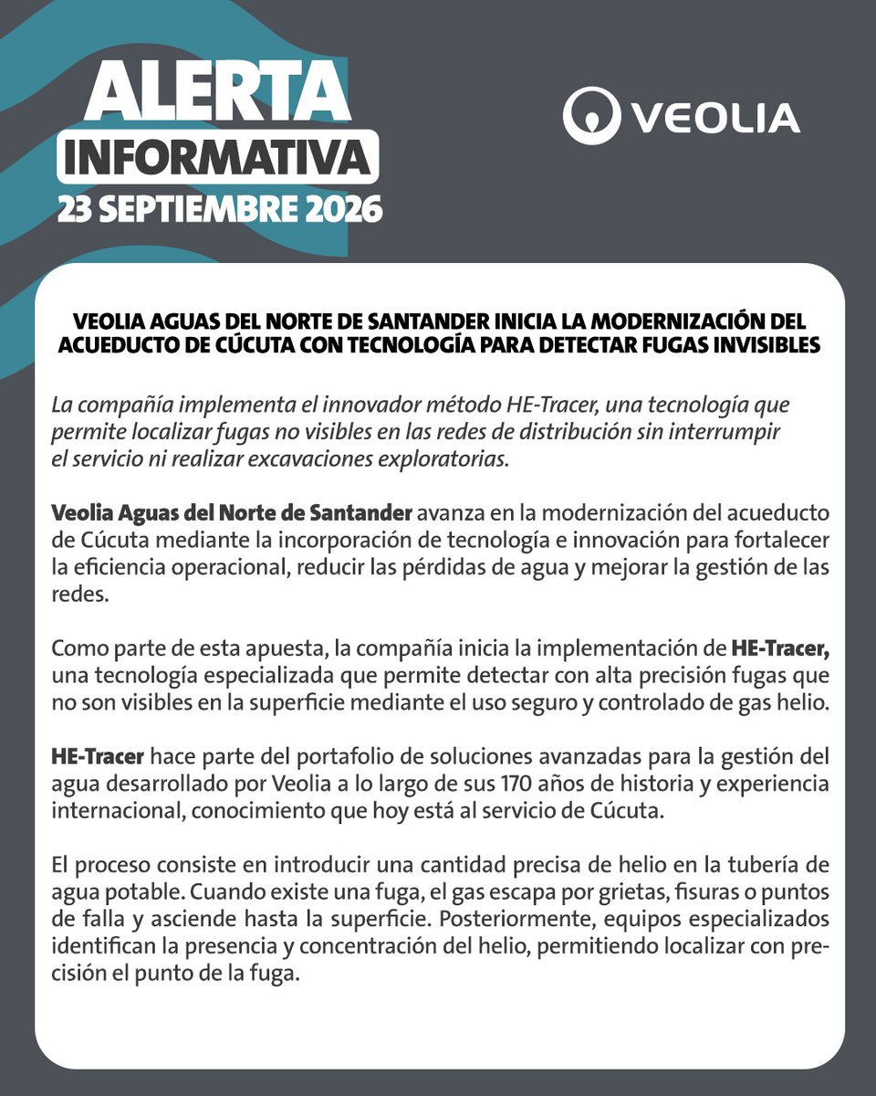 VeoliaAguasNS's tweet photo. 🚨¡Cúcuta avanza en la modernización de su acueducto! 💧

#VeoliaAguasDelNorteDeSantander implementa HE-Tracer, tecnología que permite detectar fugas invisibles con precisión, sin interrumpir el servicio y sin excavaciones exploratorias.

Innovación para cuidar cada gota y fortalecer la seguridad hídrica de la ciudad. 

#TransformaciónEcológica #FenómenoDelNiño #SeguridadHídrica #Cúcuta