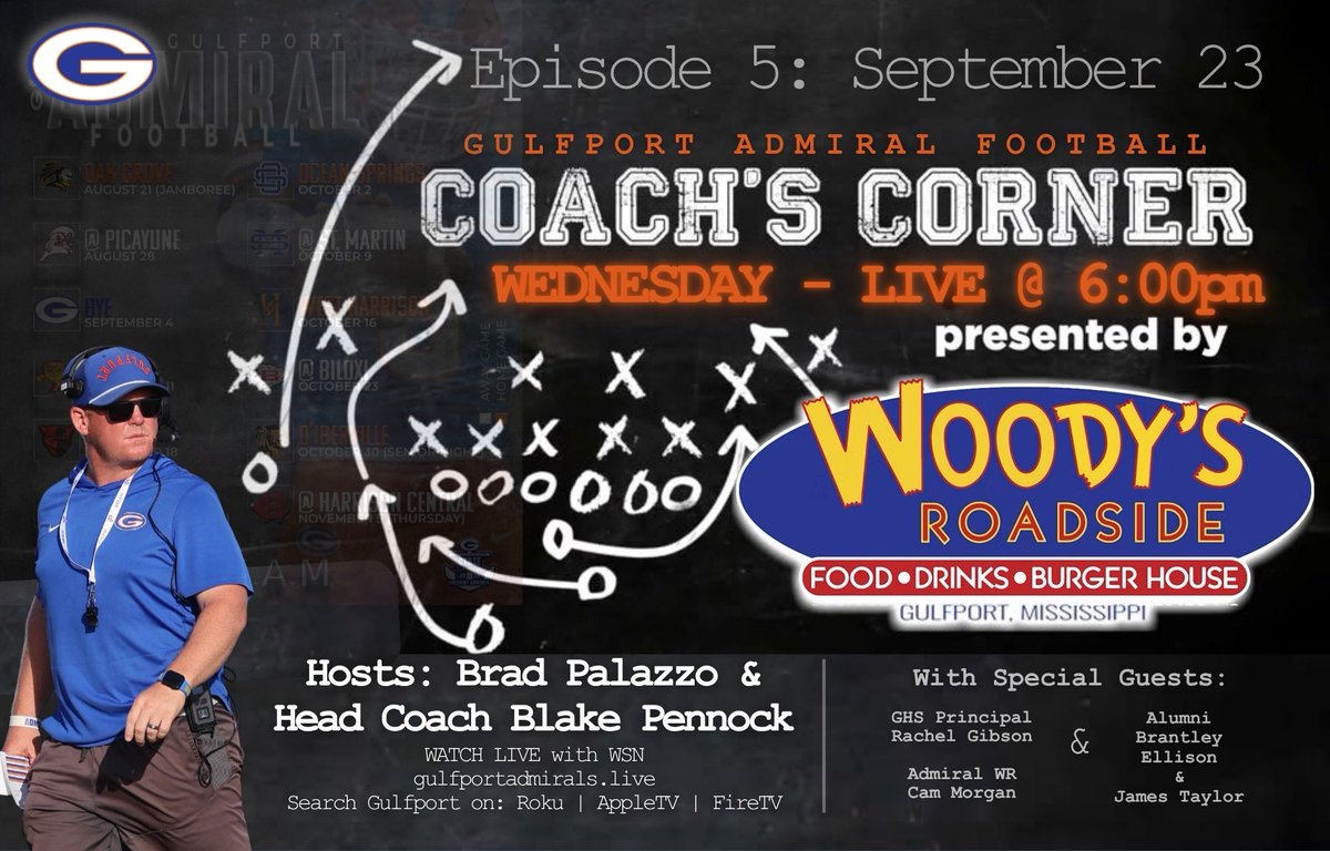 Gulfport_FB's tweet photo. LIVE TONIGHT❕

With the homecoming parade tomorrow, we’re bringing a special Wednesday edition of Coach’s Corner!

#Hooyah | #OneGPT | #TEAM ⚓️🟧🟦 https://t.co/jq87erama6