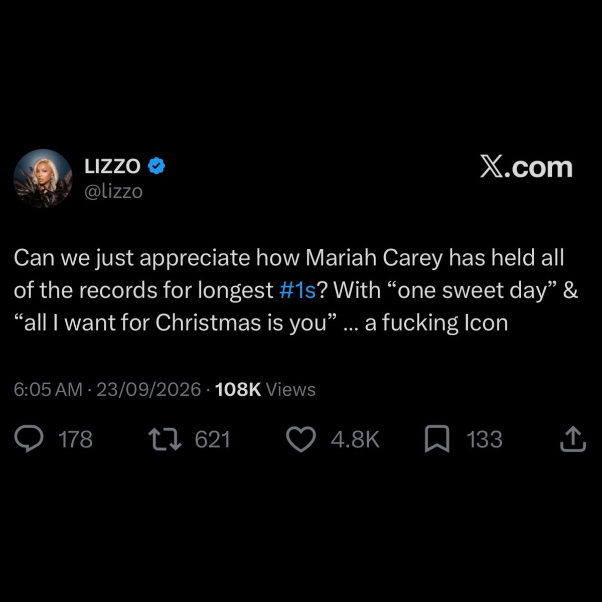 chartmariah's tweet photo. Lizzo praises Mariah Carey in new X post:

“Can we just appreciate how Mariah Carey has held all of the records for longest #1's? With 'One Sweet Day' &amp; 'All I Want For Christmas Is You' … a f*cking Icon”. https://t.co/1WJuwcbrh3