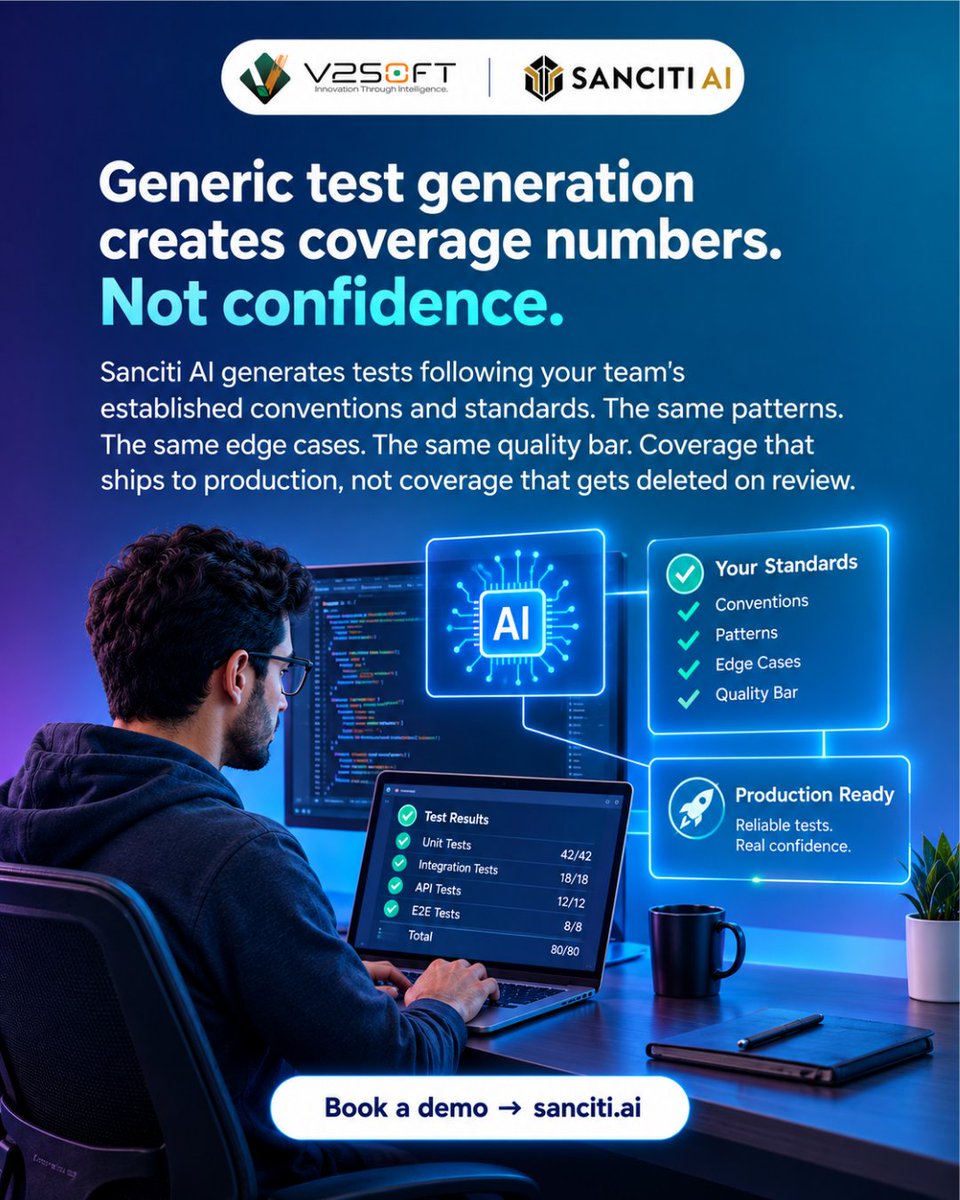 v2soft's tweet photo. #SancitiAI learns those conventions and generates tests that follow them. Automated speed. Your team's quality bar.

Book a demo → https://t.co/i3H1mi8M6a

#AgenticAI #TestAutomation #QA #SoftwareEngineering #CodeQuality #SDLCAutomation #DevTools #DeveloperProductivity #B2BTech https://t.co/1w0TgvJPL5