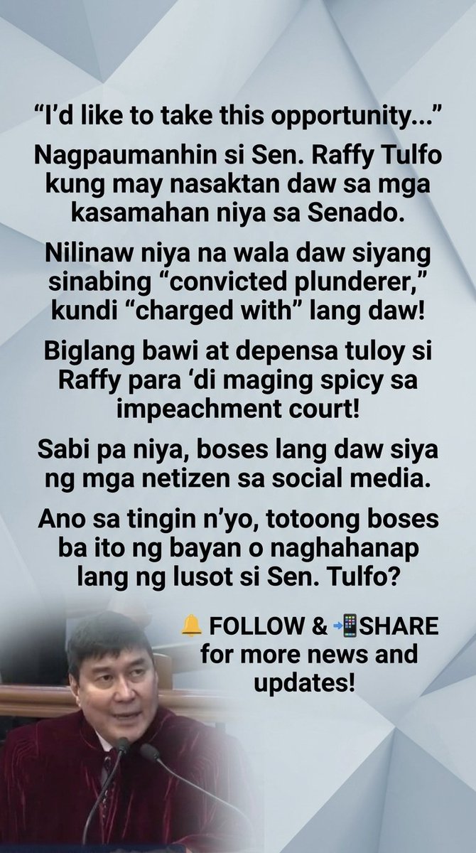 luisito_ako's tweet photo. Sen. Tulfo naglinaw! "Charged with" daw at hindi "convicted"! 💣

#RaffyTulfo #ImpeachmentTrial #Senado #RealTalk https://t.co/K5hrG2mGqD
