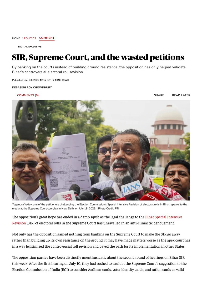 Planet_Deb's tweet photo. Next, the Supreme Court, which the opposition, again for some strange reason thought would right SIR's wrongs. Strange, given the court's track record of timid complicity. It was already clear by July last year that the court was toeing the govt's line
https://t.co/U0xACIwmdY https://t.co/PYEdF1Ixnh