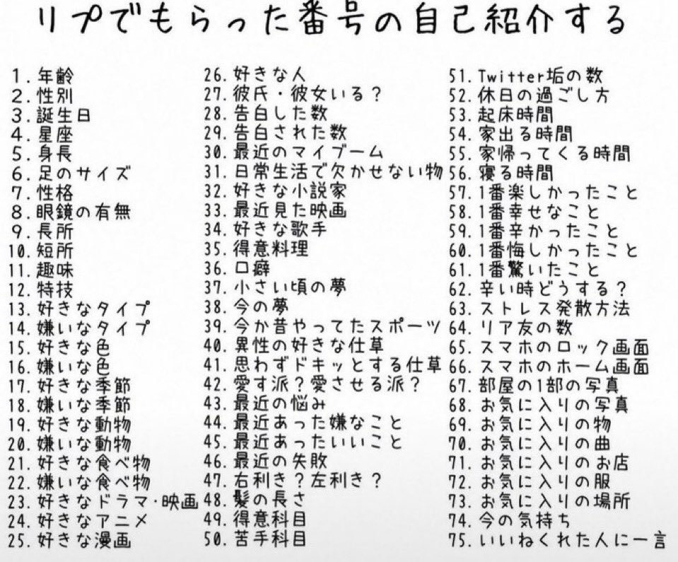 V12GG9's tweet photo. #リプでもらった番号の自己紹介する
時間がある時にゆっくり返していきます https://t.co/NveDmaoBDk