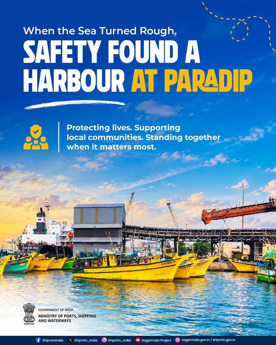 shipmin_india's tweet photo. Amid the deep depression over the Bay of Bengal, Paradip Port became more than a port, it became a place of safety. By extending humanitarian support to 248 fishermen aboard 28 fishing boats, the Port Authority demonstrated that in times of crisis, humanity remains the strongest anchor.

@paradipport
#MaritimeIndia #PortsForPeople #SafetyFirst #HumanityAtSea #FishermenSafety