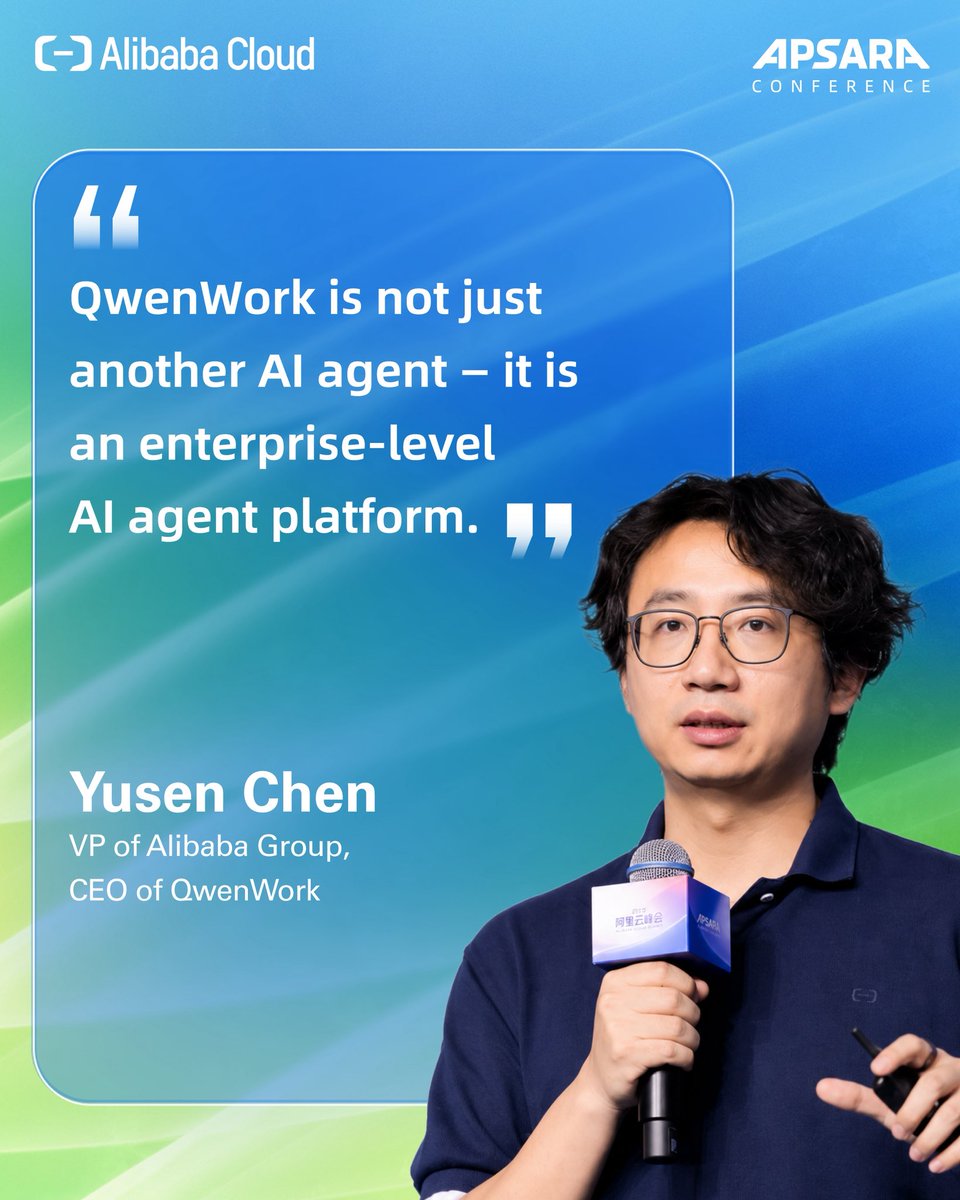 qwenwork's tweet photo. AI built for enterprise needs. 
At #ApsaraConference2026, Yusen Chen, VP of Alibaba Group & CEO of QwenWork, shared how QwenWork connects enterprise systems and data, helping AI agents understand business context.
Stay tuned for more updates!
Find out more: https://t.co/cVo742Eu4D

#AgenticEra #AgentNative #AIAgentsAtApsara #BringYourAgent #AlibabaCloud