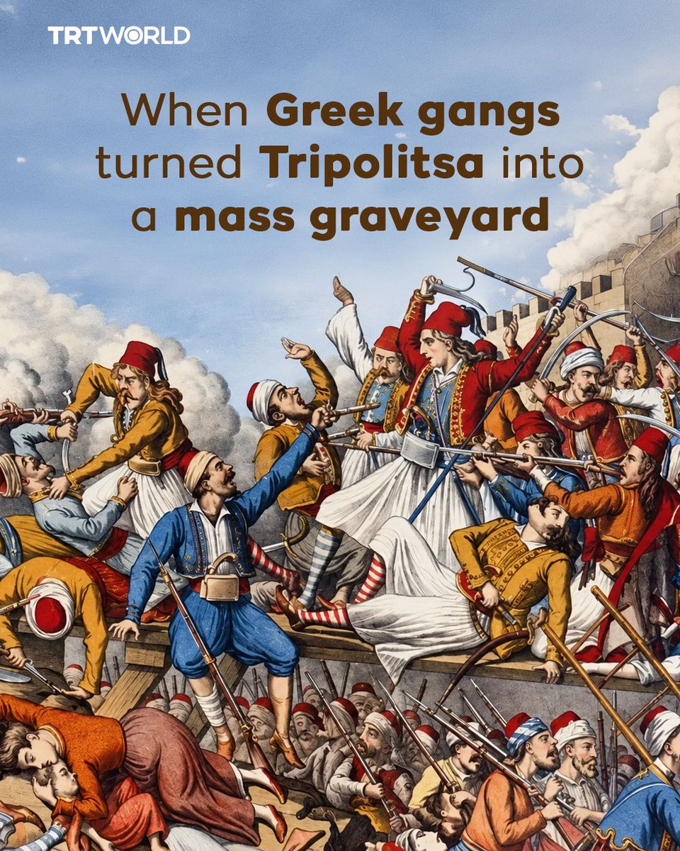 trtworld's tweet photo. Greek insurgents massacred up to 40,000 people in Tripolitsa on this day 205 years ago as they sought to rid the Peloponnese of its long-settled Muslim and Jewish communities
🔗 https://t.co/VnFuutCy44 https://t.co/ufQHLsQxEP