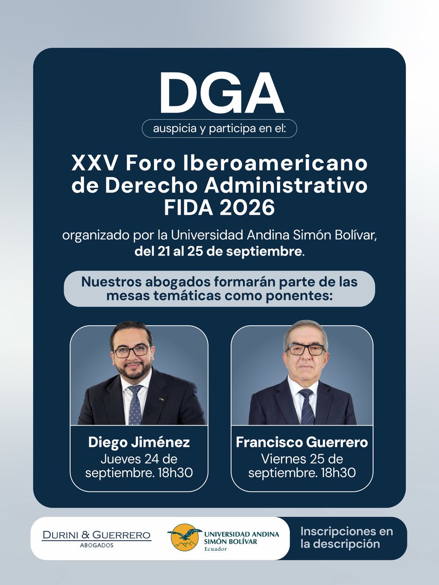 DuriniGuerrero's tweet photo. Nos complace participar en el XXV Foro Iberoamericano de Derecho Administrativo, FIDA 2026.

Inscripciones en: https://t.co/SrivhC5StC

#FIDA2026 #DerechoAdministrativo #BuenaAdministración https://t.co/4leBb1rM2i