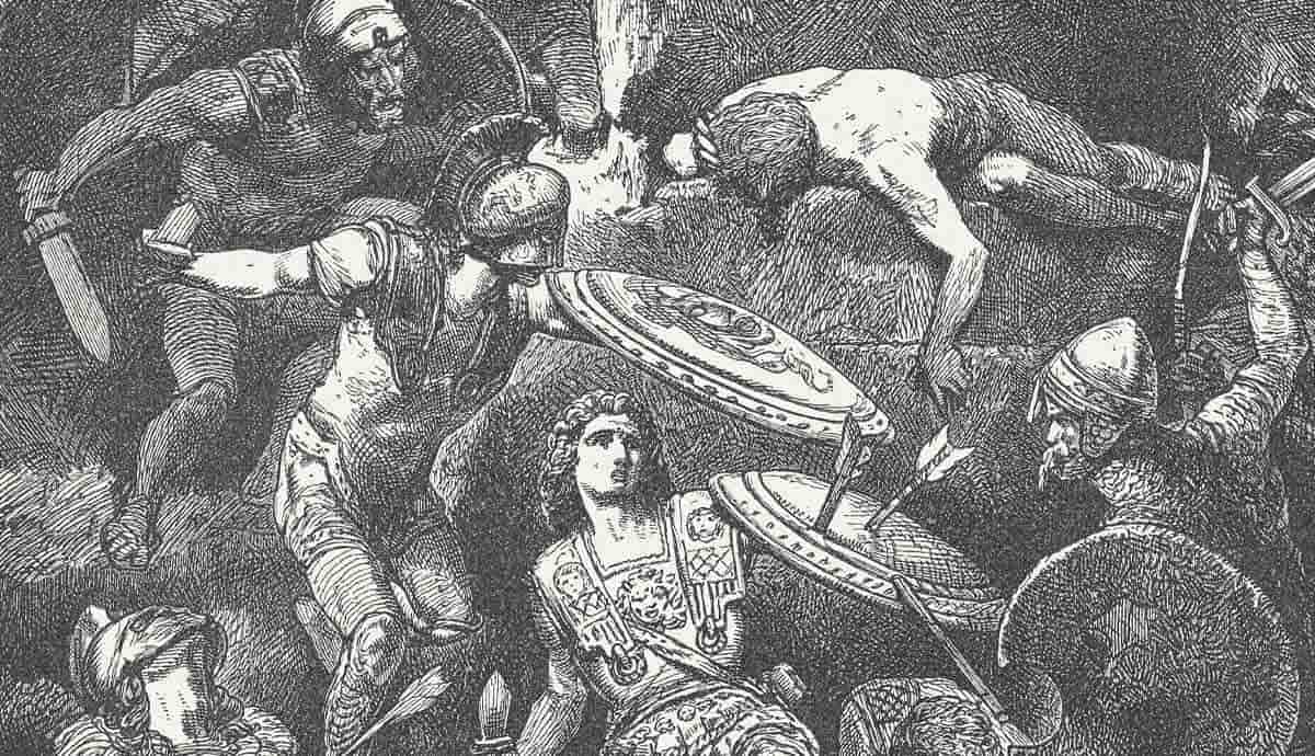 adonispara's tweet photo. Around 325 BC, frustrated that his men were slow on the scaling ladders during the siege of a town of the Malli in India, Alexander climbed the wall himself. The ladders broke behind him. Instead of retreating, he jumped down inside the city, alone and with his back to the wall.

He killed the enemy leader and several others. Then an arrow went through his breastplate into his chest. Peucestas stood over him holding the sacred shield Alexander had taken from the temple of Athena at Troy, which was supposedly a relic of the Trojan War.

Leonnatus and Abreas (who was killed) also covered him until the army broke in. The Macedonians, believing their king was dead, massacred the whole town.

The passage below is from "Arrian, The Anabasis of Alexander, Book VI, Chapter IX"