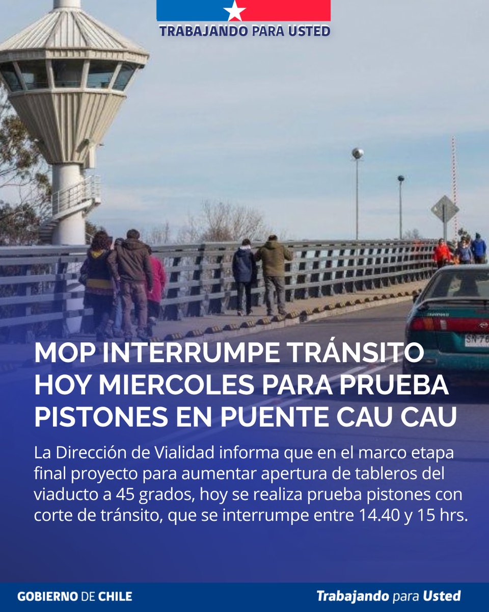 MOPdeLosRios's tweet photo. 👷🏻♀️🌉 La Dirección de #VialidadMOP de @MOPdeLosRios informa que hoy miércoles 23 de septiembre se realiza prueba pistones puente #CauCau de #Valdiviacl en marco obra para aumentar capacidad apertura viaducto a 45 grados. Tránsito se interrumpe de 14.40 a 15 hrs #MOPInforma 🚙🚚 https://t.co/HazTss7SPL