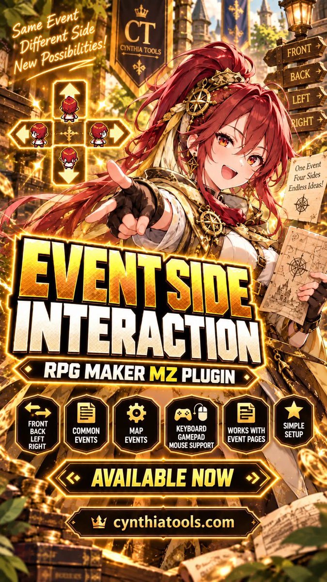 cynthiatools's tweet photo. CT Event Side Interaction Is Now Available for RPG Maker MZ!

Make one RPG Maker MZ event react differently depending on which side the player interacts from.

Get it here:
https://t.co/xXtskFqtZU

#RPGMakerMZ #RPGMaker #RMMZ #RPGMakerPlugin #GameDev #IndieDev #IndieGameDev #JRPG https://t.co/mLFkJMKYWA