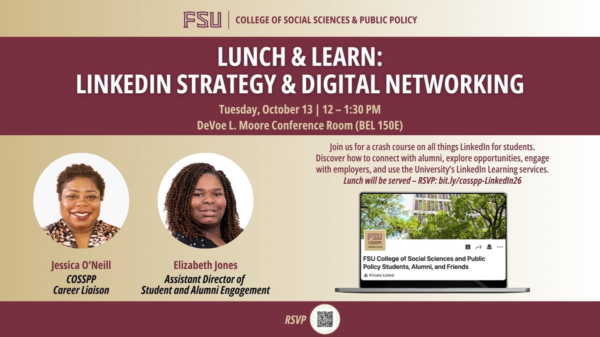 FSUCOSSPP's tweet photo. Join us for our LinkedIn Learn &amp; Learn! 
Discover how to connect with alumni, explore opportunities, engage with employers, and use LinkedIn Learning.

Lunch will be served – RSVP required!

When: October 13 from 12 – 1:30 pm

Where: DeVoe L. Moore Conference Room (BEL 150E) https://t.co/GBOVTVGgu0