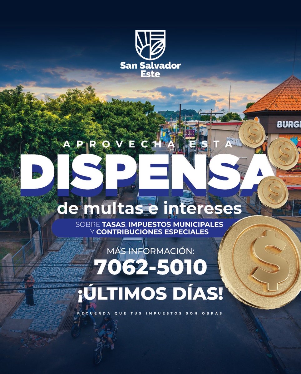 AlcaldiaSSE's tweet photo. Si cuentas con multas o intereses pendientes, puedes beneficiarte de la dispensa de multas e intereses. Infórmate sobre este beneficio y conoce las opciones disponibles para ponerte al día. 🤝
📲 Consulta por WhatsApp: 7062-5010
#SanSalvadorEste #Dispensa #PonteAlDía https://t.co/mm6KysSkMh
