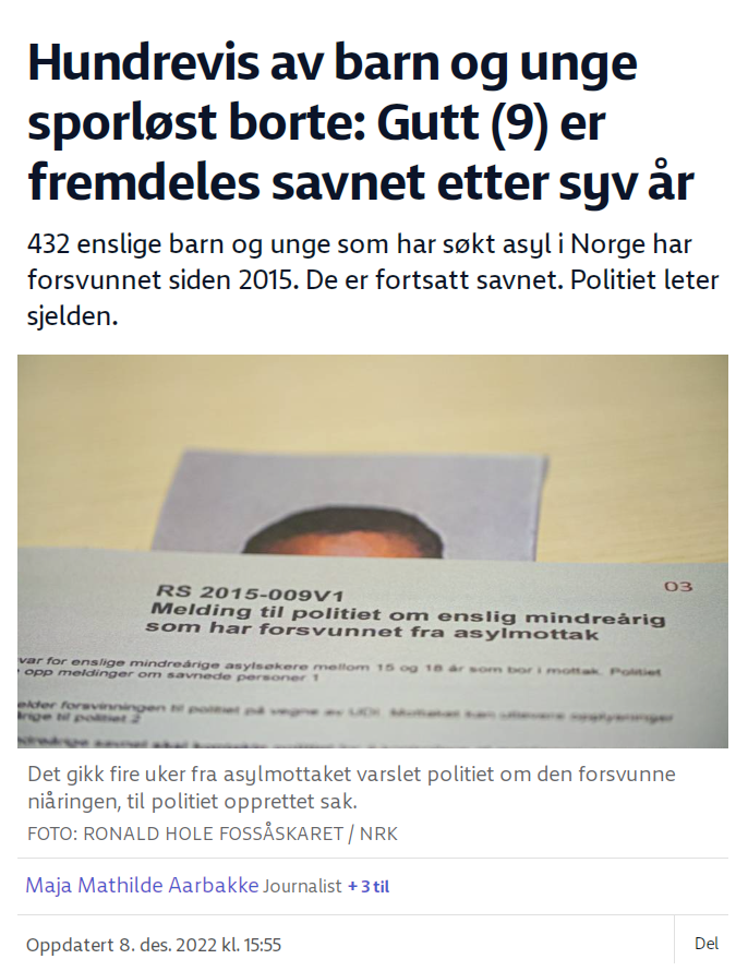 enterfx's tweet photo. Foreldreløse asylbarn "forsvinner sporløst" og det blir ikke prioritert av politiet.
 
Jo mer en tenker over det jo mindre henger dette på greip, og en trenger ikke være rakettforsker for å forstå hva dette kan være.  Barn forsvinner ikke bare i løse luften. La det synke inn.
.. https://t.co/g485fUHEZG