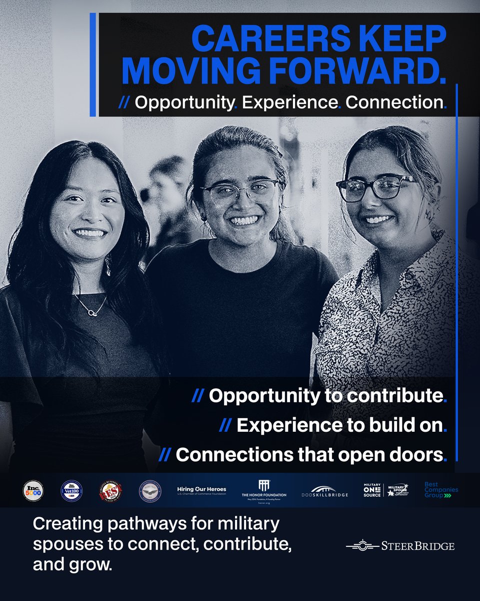 steerbridge's tweet photo. Careers grow through opportunity, experience, and connection.

SteerBridge values organizations like @hiringourheroes that help military spouses build networks, develop skills, and take the next step in their careers.

We’re proud to support pathways that help careers keep moving forward.

#HiringOurHeroes #MilitarySpouse #SteerBridge