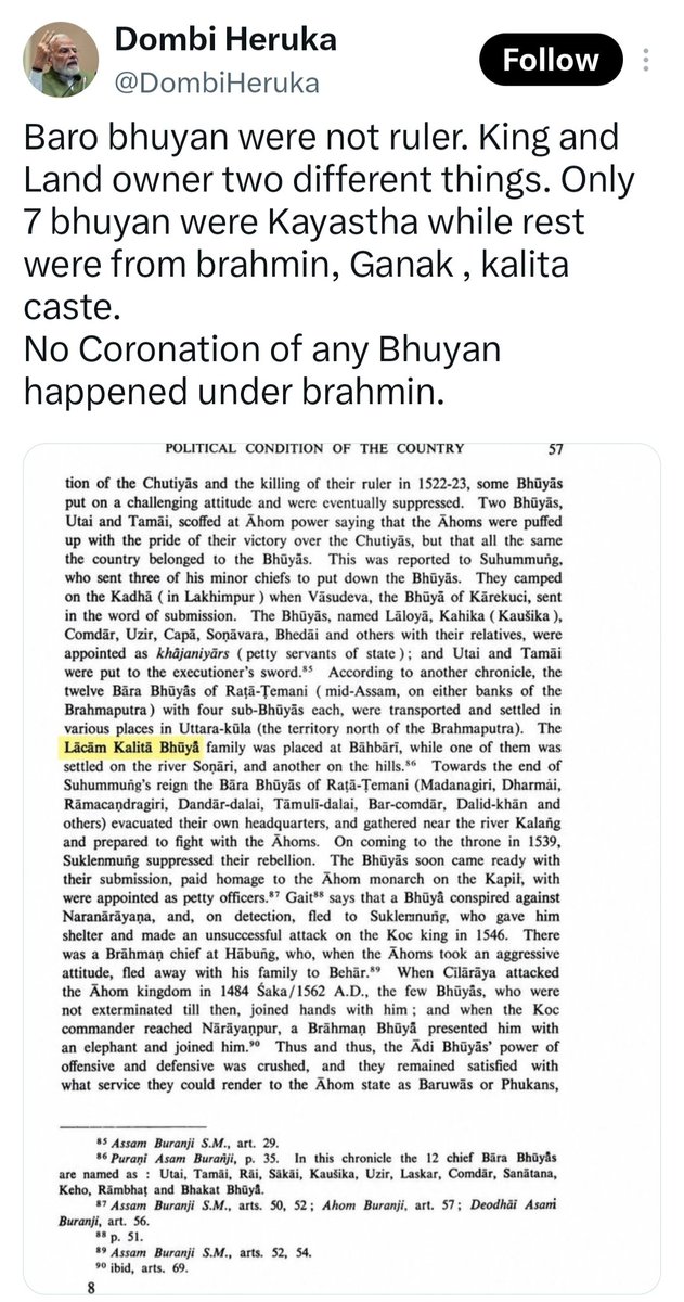 Chitraseniya's tweet photo. Kalita caste did not exist before 1650 AD. Some Kshatriya Baro Bhuyan male married Sudra peasant women and got outcasted from Kshatriya Kayastha Baro-Bhuyan clan. Now their offsprings are called Kulo lupto i.e. Kalita. 
Source: Hemkosh (page no.161). https://t.co/It8AIlZX3S
