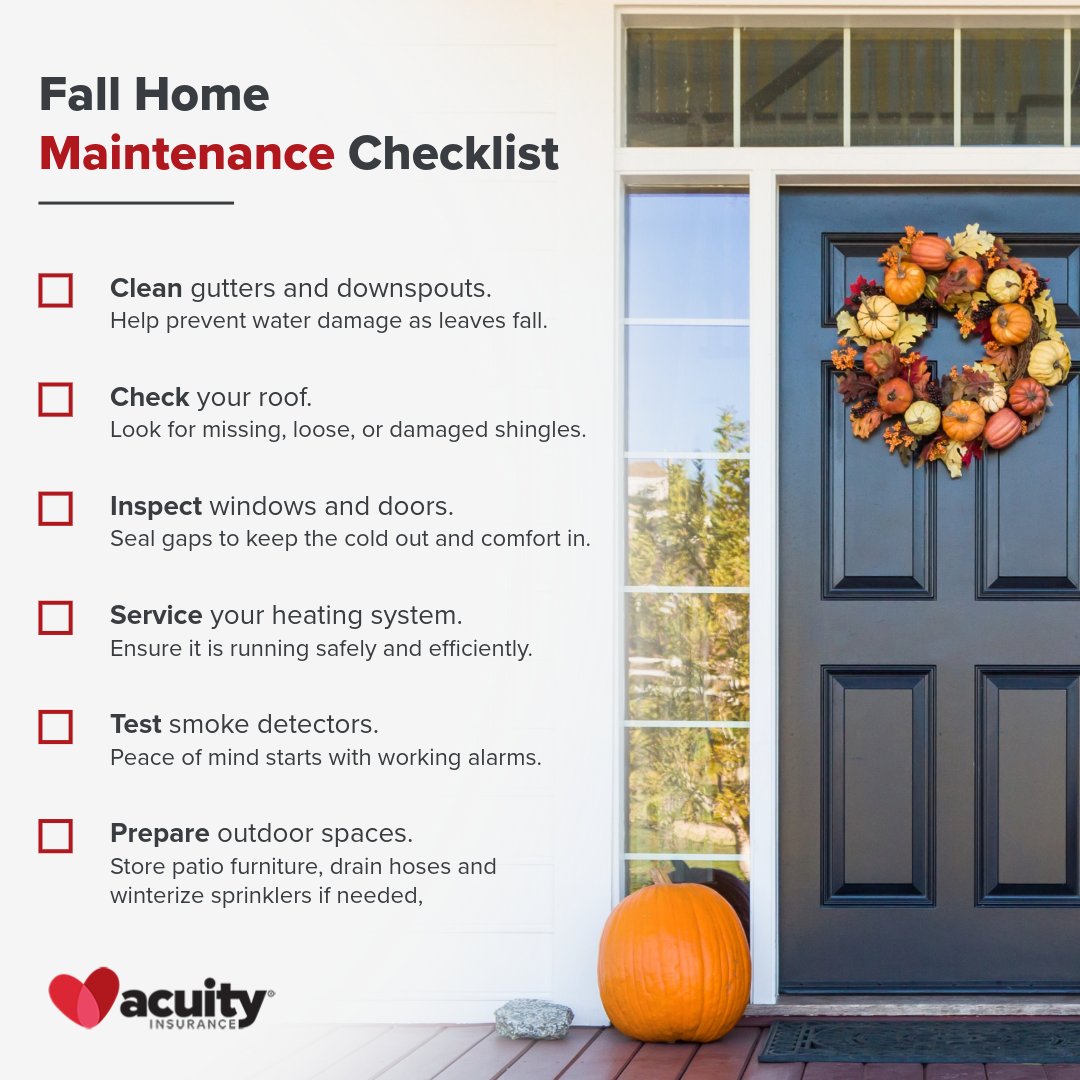 acuityinsurance's tweet photo. Before winter settles in, take the time to give your home a little extra attention this fall.

Taking care of small maintenance items now can help prevent bigger problems down the road.

Learn about how you can protect your home with us: https://t.co/h8v97SPW87 https://t.co/hrDNMJuira