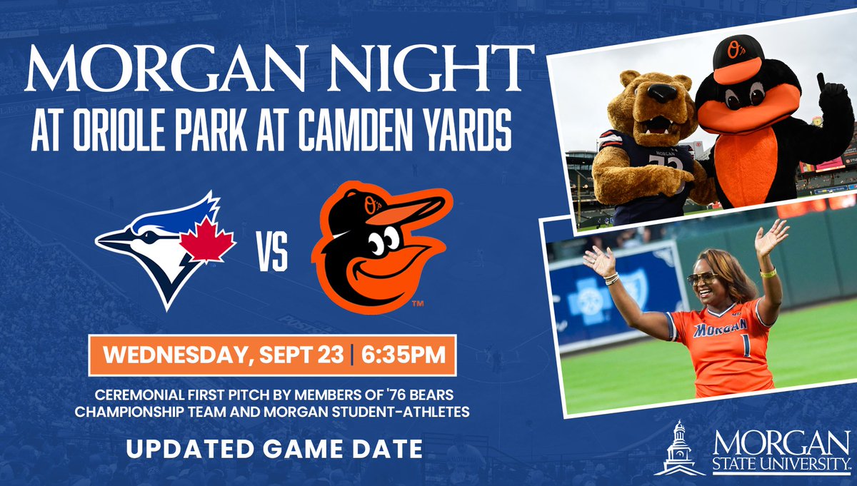 MorganStateU's tweet photo. RESCHEDULED: Morgan Night is tonight at Oriole Park! ⚾️

Because of yesterday’s rainfall throughout the Baltimore area, the Orioles postponed last night’s game at Oriole Park at Camden Yards. As a result, Morgan Night has been rescheduled for tonight, Wednesday, Sept. 23, at 6:30 p.m.

All tickets purchased for Morgan Night will be honored for tonight’s 6:30 p.m. game. The evening will feature a special appearance by Morgan State University’s Magnificent Marching Machine and the recognition of the 1976 Championship Football Team.
