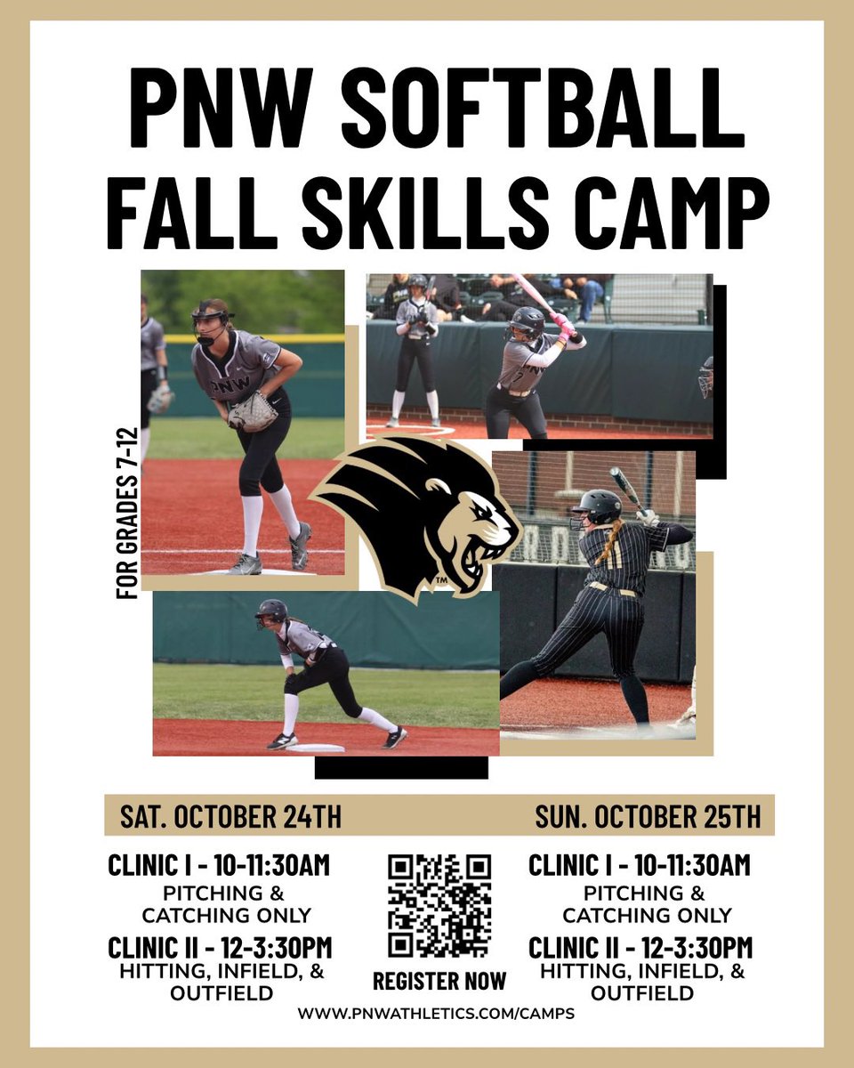 PNWSoftball's tweet photo. Join the PNW Softball coaches and team for our Fall Skills Camp on October 24th or October 25th!

Sign up today! https://t.co/WxRWP2JXHV

#PNWSoftball #PawsUp 🦁🖤💛 https://t.co/2hhg6e8FUM