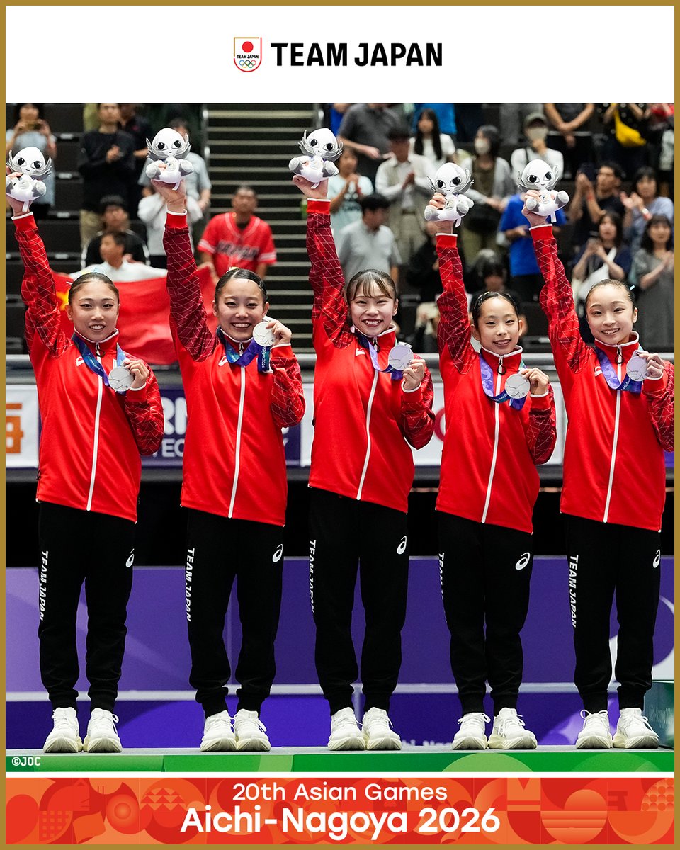TeamJapan's tweet photo. ◤ 📸TEAM JAPAN Shots #愛知名古屋2026 ◢

🤸体操競技
女子団体
2位 🥈

#TEAMJAPAN は、1位中国に1.1差まで迫る熱戦の末、銀メダルを獲得しました🇯🇵👏

@GymnasticsJapan
#ともに一歩踏み出す勇気を

愛知・名古屋アジア大会はTBS ▶︎ @TBS_TV_S1 https://t.co/4b0b9Mf6r2