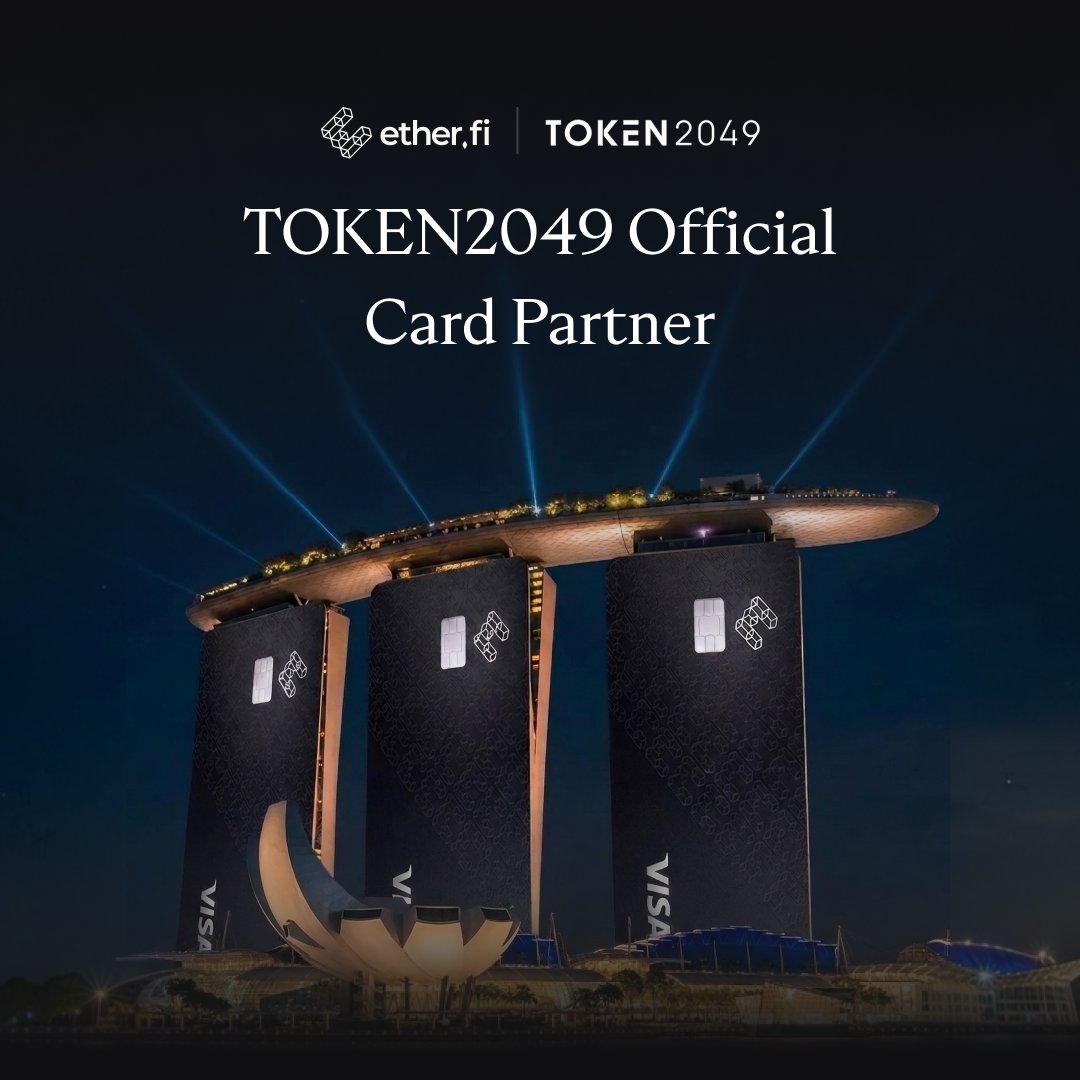 ether_fi's tweet photo. Excited to announce that https://t.co/WT8phhoIdx is the Official Card Partner of @TOKEN2049 Singapore!

We're hosting The EtherFi Lounge at Marina Bay Sands on Oct 7-8.

Food, drinks, and an actual place to sit down and talk away from the floor.

Open to all cardholders.

More details → https://t.co/RsE53jpBOQ
