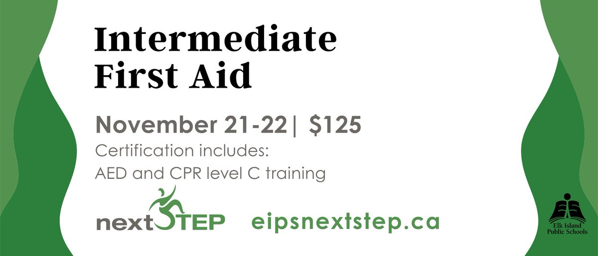 EIPSNextStep's tweet photo. We are offering our first weekend of Intermediate First Aid on November 21-22 for EIPS and Non-EIPS students!
Sign up now, through your PowerSchool ParentPortal! If you are not an EIPS student, head to our website to find out more on how to register. https://t.co/cvilmQCjCI