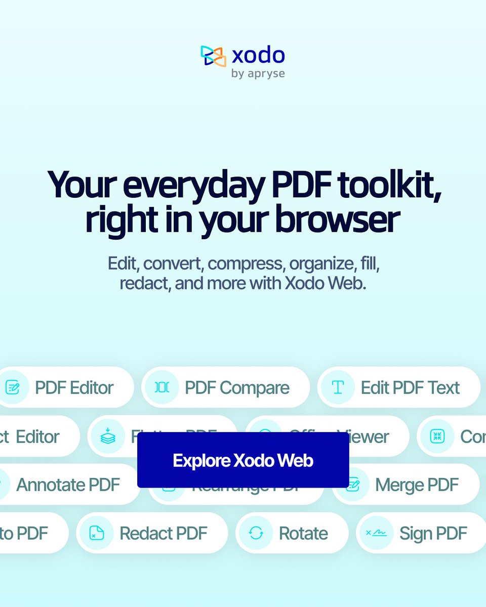 XodoPDF's tweet photo. Not every PDF task needs a software download.

Convert files, compress PDFs, reorder pages, and more with 40+ Xodo Web tools - right in your browser.

Choose a tool and get started: https://t.co/XKRP8vcm43

#Xodo #PDFtools #Productivity https://t.co/GYGD5QZHM6