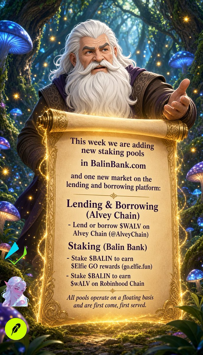 BalinBank's tweet photo. This week we are adding new staking pools in https://t.co/UsmCiB4B9W and one new market on the lending and borrowing platform:

Lending & Borrowing (Alvey Chain)  
- Lend or borrow robinhood:0x302dacc52492095fb054937112a5aac4617ecfb3 on Alvey Chain (@AlveyChain)

Staking (Balin Bank)  
- Stake $BALIN to earn solana:GLourzLPrYGKCbiFU46WQRRUm3Evfeuuc7sBf1mBpump GO rewards (https://t.co/iHSVjNiO4m)  
- Stake $BALIN to earn robinhood:0x302dacc52492095fb054937112a5aac4617ecfb3 on Robinhood Chain  

All pools operate on a floating basis and are first come, first served.