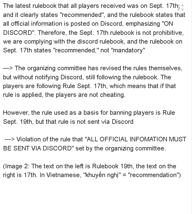 SmallKorean6767's tweet photo. WHY WERE PLAYERS BANNED FOR FOLLOWING THE LATEST VALID RULEBOOK ON DISCORD? RULEBOOK 19 WAS NEVER POSTED THERE. WHY SHOULD PLAYERS FOLLOW AN UNOFFICIAL RULEBOOK? 

I2: RULEBOOK 19 LEFT, 17 RIGHT. “KHUYẾN NGHỊ” = “RECOMMENDATION.” #PUBG https://t.co/7mmmKsRBeY