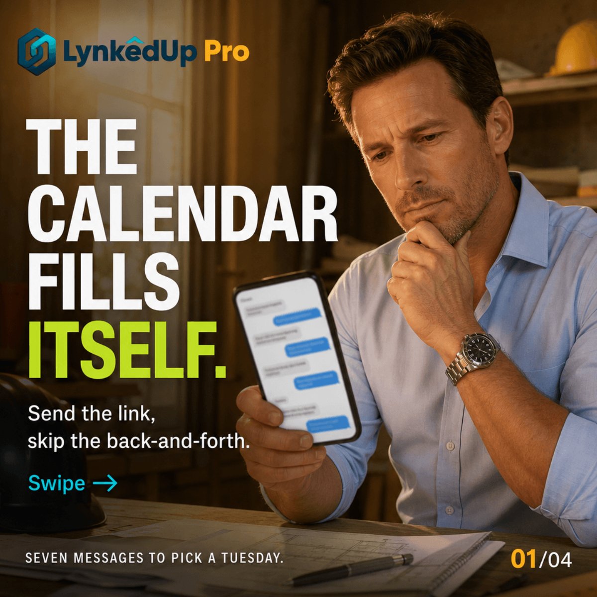 lynkedupSaaS's tweet photo. Seven messages to pick a Tuesday.

One link. They pick. It's booked. The calendar fills itself, and hot leads book while they're still hot.

Book a Live Demo at https://t.co/lM7DmUyjuK

#LynkedUpPro #ContractorCRM #usa #dallas #CRM https://t.co/g8XoNslauY