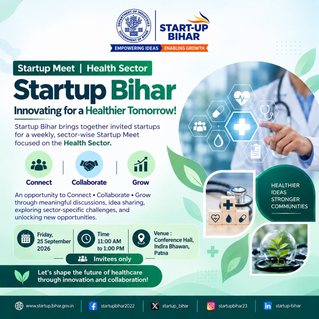 startup_bihar's tweet photo. Weekly Sector-wise Startup Meet | Health Sector
Startup Bihar is organising a focused meet for invited health-sector startups to discuss challenges, exchange experiences, explore opportunities and build meaningful collaborations.
Connect • Collaborate • Grow https://t.co/p81oOIMSF2