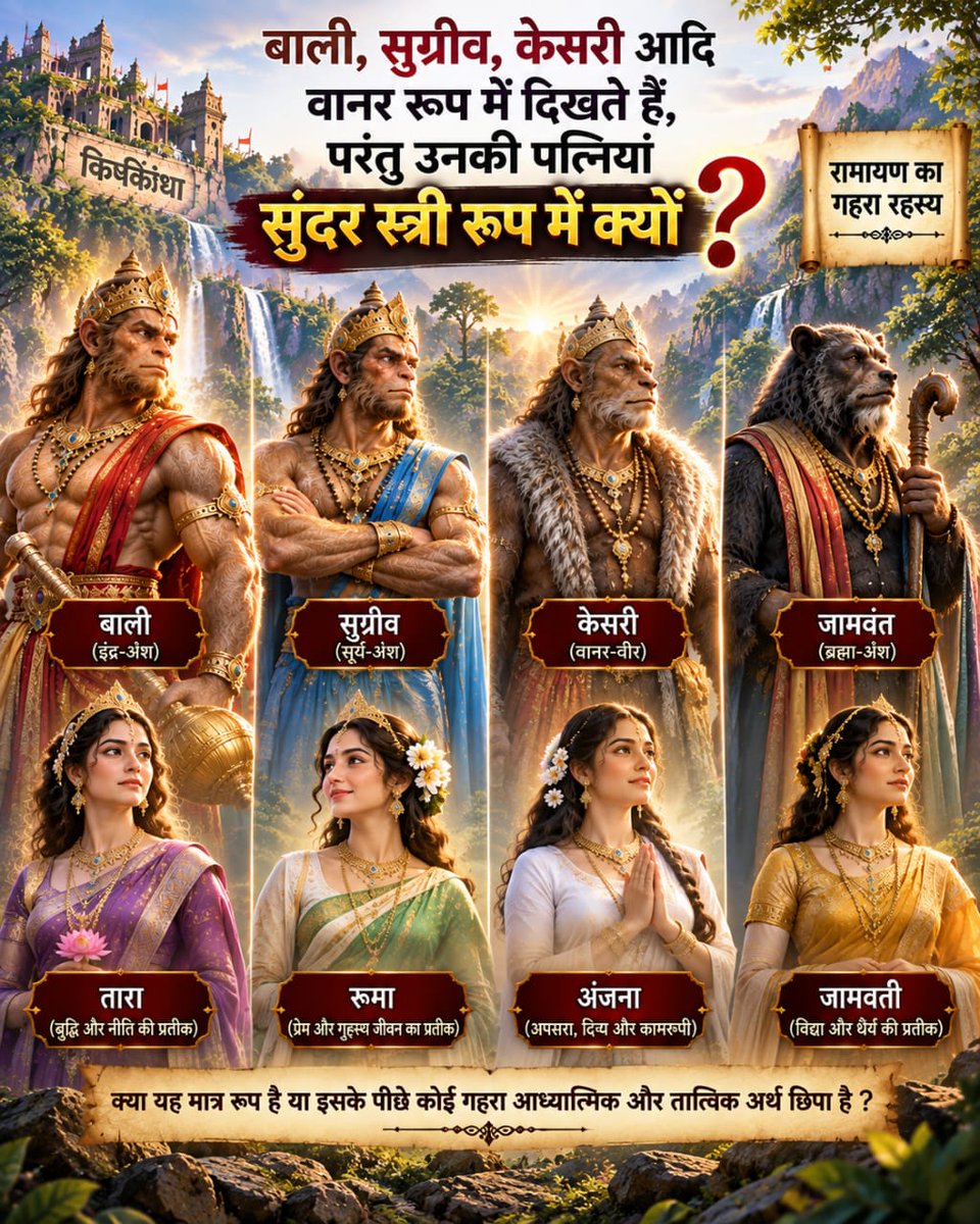 AzaadBharatOrg's tweet photo. बाली, सुग्रीव और हनुमान जैसे पात्रों में पशु-सदृश, मानवीय और दिव्य तत्व मिलते हैं। अंजना का अप्सरा से वानरी रूप पाना और कामरूपिणी होना बताता है कि यहां रूप स्थायी नहीं, कथा का तत्व महत्वपूर्ण है। पूरी पोस्ट पढ़े 👉🏻
https://t.co/8oNbOOJXYw
#Ramayan #Hanuman #SanatanDharma https://t.co/VD1woDs3Oa