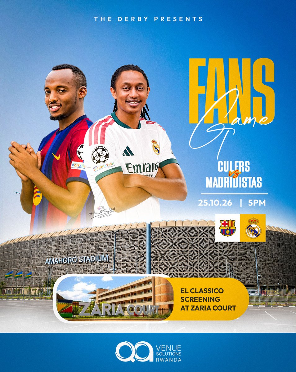 thederby_rw's tweet photo. THE DERBY is set. ⚽🔥

25 October | 5PM | Amahoro Stadium Complex

Culers vs Madridistas.

Thanks to our partner @qavenuesolution , the action continues after full-time with THE DERBY.

Afterparty at Zaria Court, featuring a LIVE El Clásico screening from 10PM. 🔥

Football first. Afterparty next. El Clásico to close the night. YOU CANT AFFORD TO MISS!!!

#amahoroderby