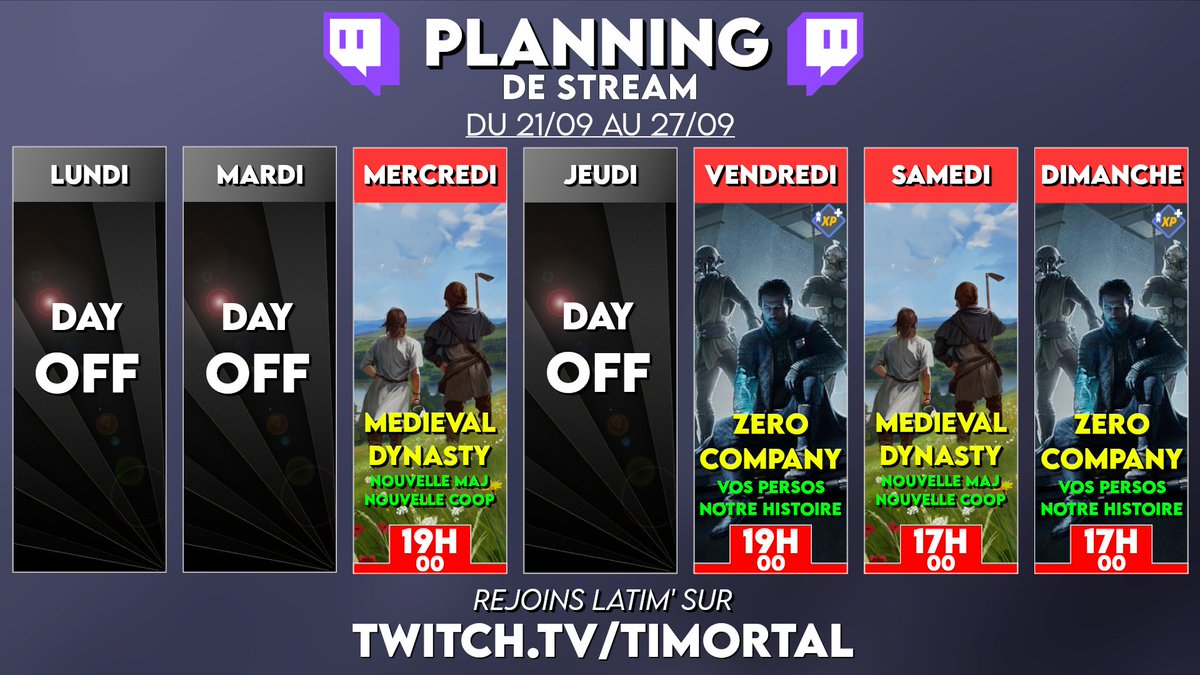 timortall's tweet photo. PLANNING 📅 !
•🏰MER / SAM : On revient après 1 ans sur #MedievalDynasty - COOP (4J)
•⭐VEN / DIM : Stream interactif (le tchat joue ses persos) sur #StarWars #ZeroCompany
Bonne semaine à tous ! #Twitch #twitchfr 👋 https://t.co/S4tFfTurrR