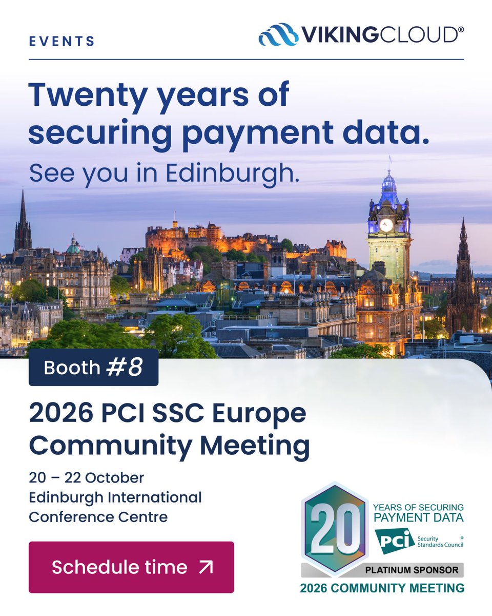 vikingcloudcom's tweet photo. Twenty years of securing payment data. Twenty years of the Council setting the standard. And in Edinburgh, the celebration is on us.

VikingCloud is a Platinum Sponsor of the Welcome Celebration at the PCI Security Standards Council's 2026 Europe Community Meeting, 20 - 22 October in Edinburgh.

On the opening evening, the community gathers at Mansfield Traquair, the hall known as Edinburgh's Sistine Chapel, to mark two decades of payment security. Come raise a glass with us beneath the murals.

Welcome Celebration
Tuesday, 20 October | 18:00 – 19:30 BST
Mansfield Traquair, Edinburgh

We're at Booth #8 all three days. Look for the helmets and bring your toughest compliance and security questions.

Book time with us now and skip the on-site line. Here's to the next 20 years: https://t.co/isKYy8UYTu.

#PCISSC #PCICompliance #Cybersecurity #PaymentSecurity