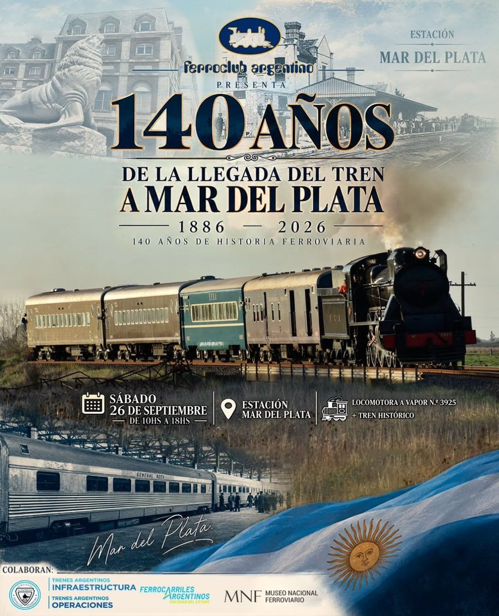 GGertino's tweet photo. 🚂🇦🇷  Este sábado 26/9, Ferroclub Argentino CDP Escalada realizará un evento especial en la estación Mar del Plata para conmemorar los 140 de la llegada del tren, exponiendo la centenaria locomotora a vapor Vulcan Foundry 3925 y una formación de coches históricos. https://t.co/lEmajv80xF