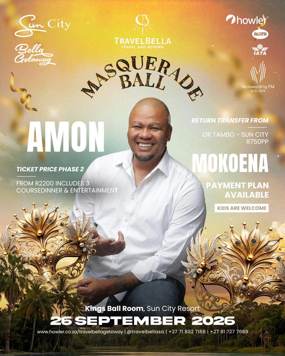 motswedingfm's tweet photo. ⏰ Go leta go fedile! A o setse o ipaakanyeditse go tla go ijesa monate le rona kwa Masquerade Ball.💃🏽🕺🏽

📅 Lamatlhatso ono, 26 Lwetse 2026
📍 Kings Ballroom, Sun City Resort https://t.co/uBaXTe62fO