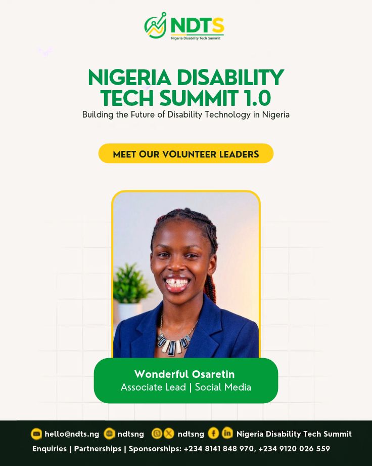ndtsng's tweet photo. Meet our Social Media Associate Team Lead, Osaretin Wonderful! 

A Social Media and Ads Specialist, she’ll lead content, audience engagement, and awareness efforts for NDTS 1.0.

Welcome, Osaretin! 
#NigeriaDisabilityTechSummit
#NDTS2026 https://t.co/rlunOebglm