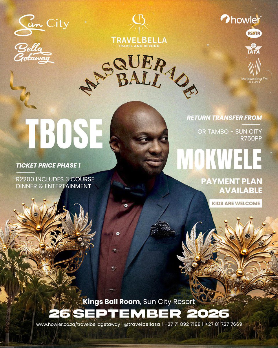 motswedingfm's tweet photo. ⏰ Go leta go fedile! A o setse o ipaakanyeditse go tla go ijesa monate le rona kwa Masquerade Ball.💃🏽🕺🏽

📅 Lamatlhatso ono, 26 Lwetse 2026
📍 Kings Ballroom, Sun City Resort https://t.co/uBaXTe62fO