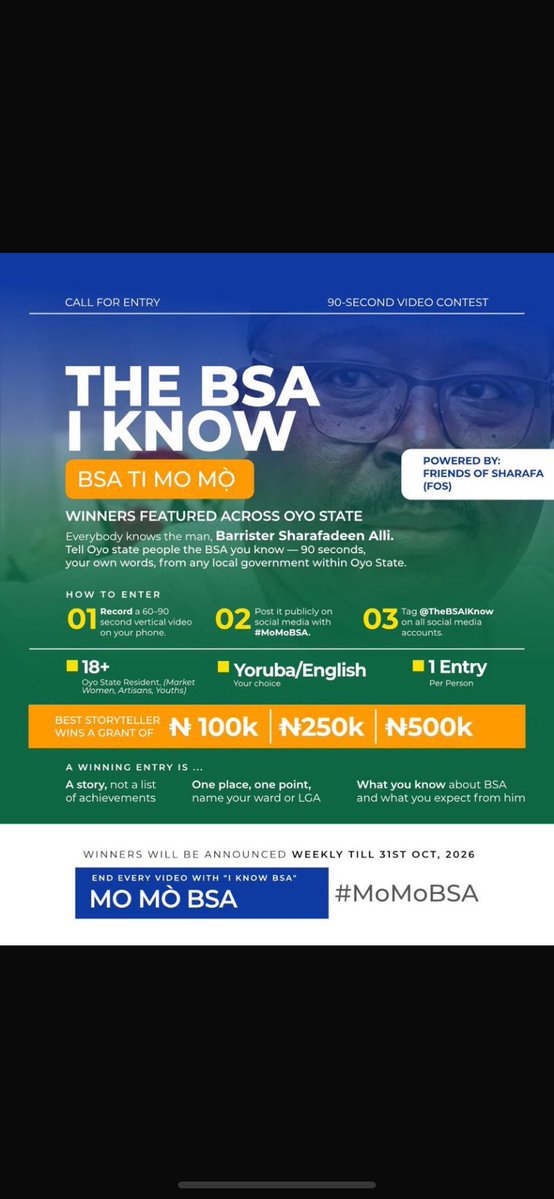 olamilekan7_'s tweet photo. Are you an indigene or a resident of Oyo State? This is your chance to win BIG in the "I Know BSA.”
Record your story, post with #MoMoBSA, tag @TheBSAIKnow and end with
Your story could be the next winner. #MoMoBSA #OyoAhead
Powered by: Friends of Sharafa (FOS) https://t.co/8GA8pMVWY2